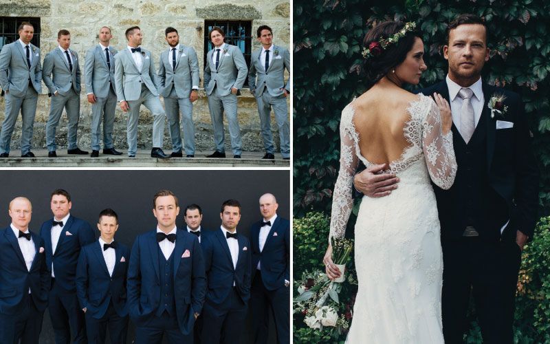 A bride and groom are posing for a picture with their wedding party.