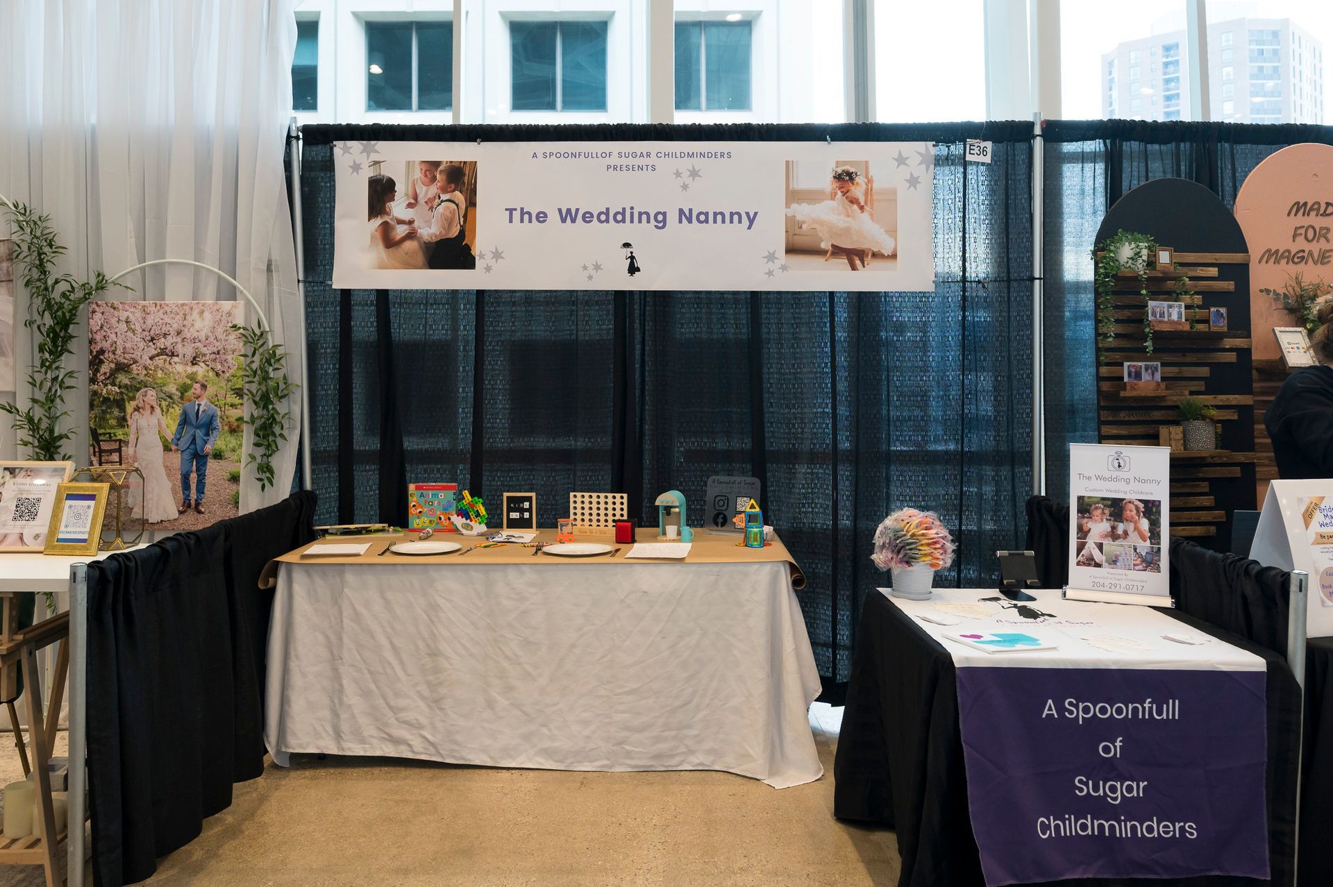 A collage of photos of a room with white furniture and flowers.