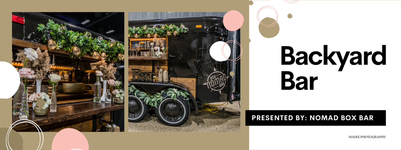 A collage of photos of a backyard bar.