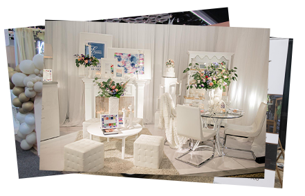 A collage of photos of a room with white furniture and flowers.