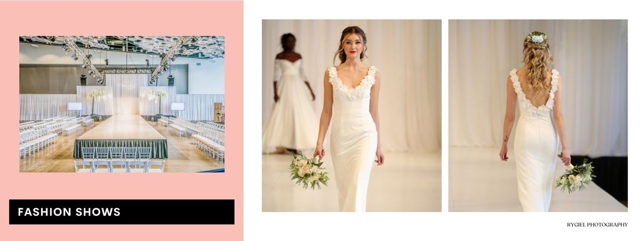 A woman in a white dress is walking down a runway.