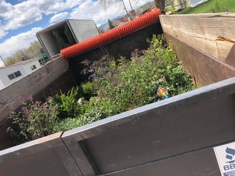 A dumpster filled with plants and a truck in the background.