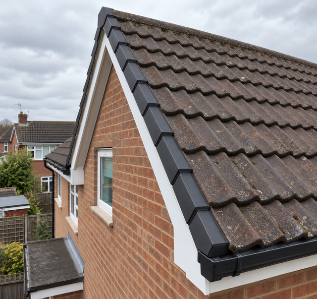 Black dry verge caps fitted along the gable end of a tiled roof