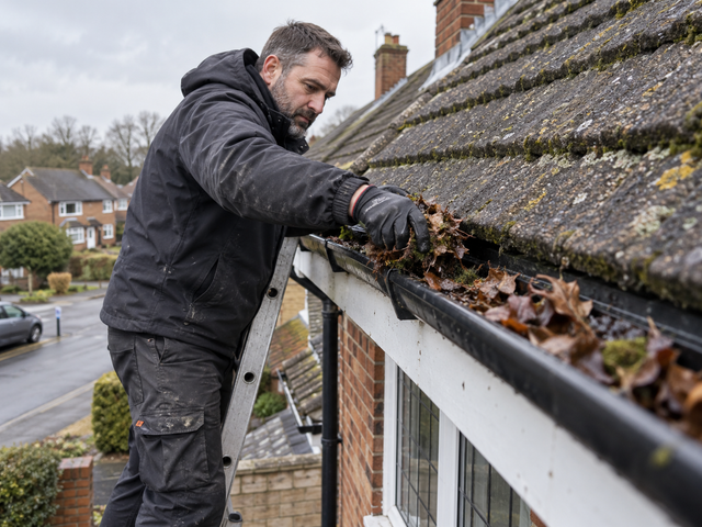 Roofer on a ladder clearing leaves and moss out of a gutter by hand