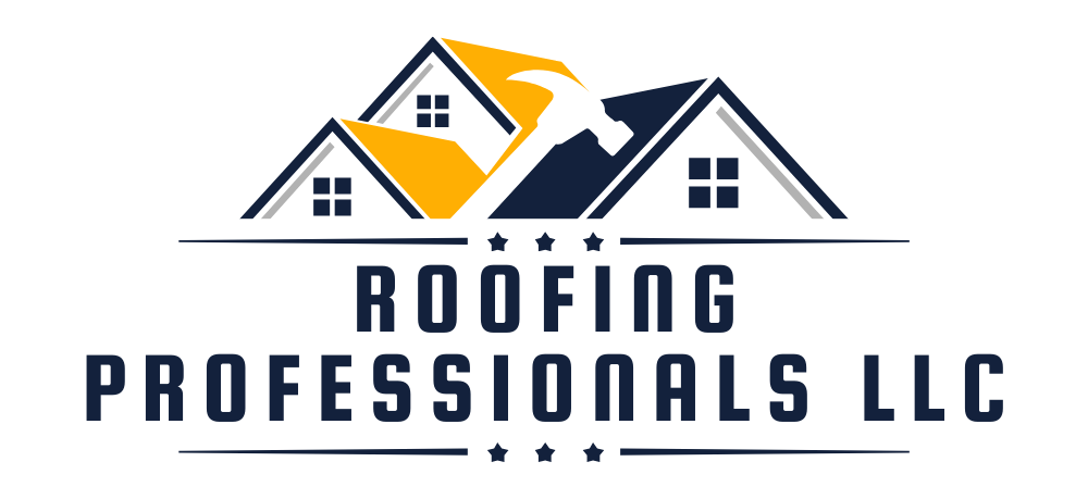 Logo for Roofing Professionals LLC featuring yellow and blue house icons and a hammer silhouette with six stars.