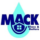 A logo for mack glass and gutters with a drop of water