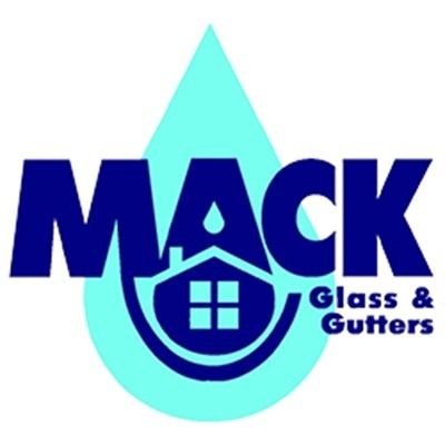 A logo for mack glass and gutters with a drop of water