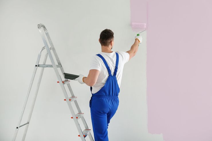 Person on a ladder painting a wall pink with a roller.