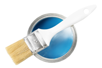 White paintbrush resting on an open can of blue paint