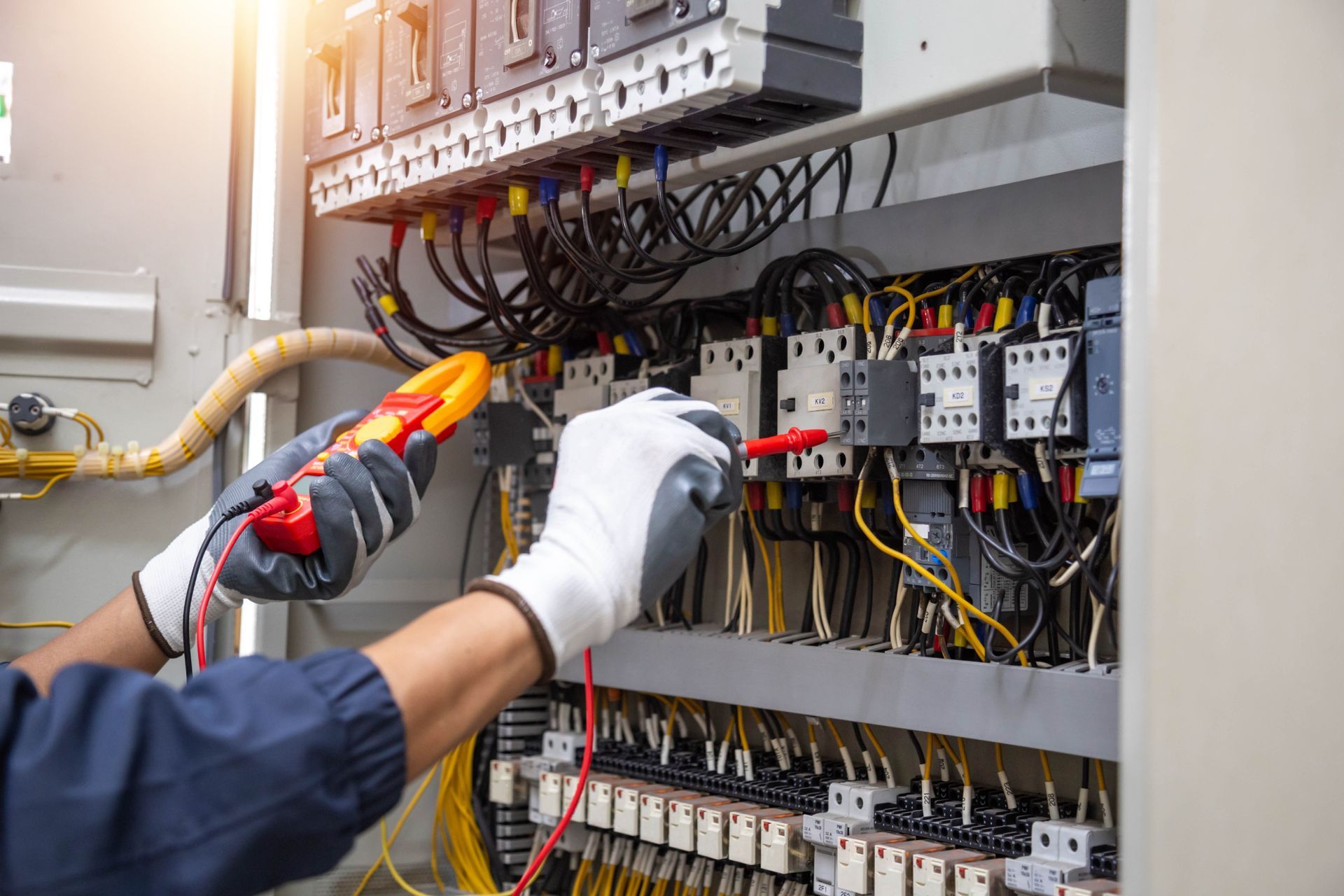 An electrician is working on an electrical panel with a multimeter.