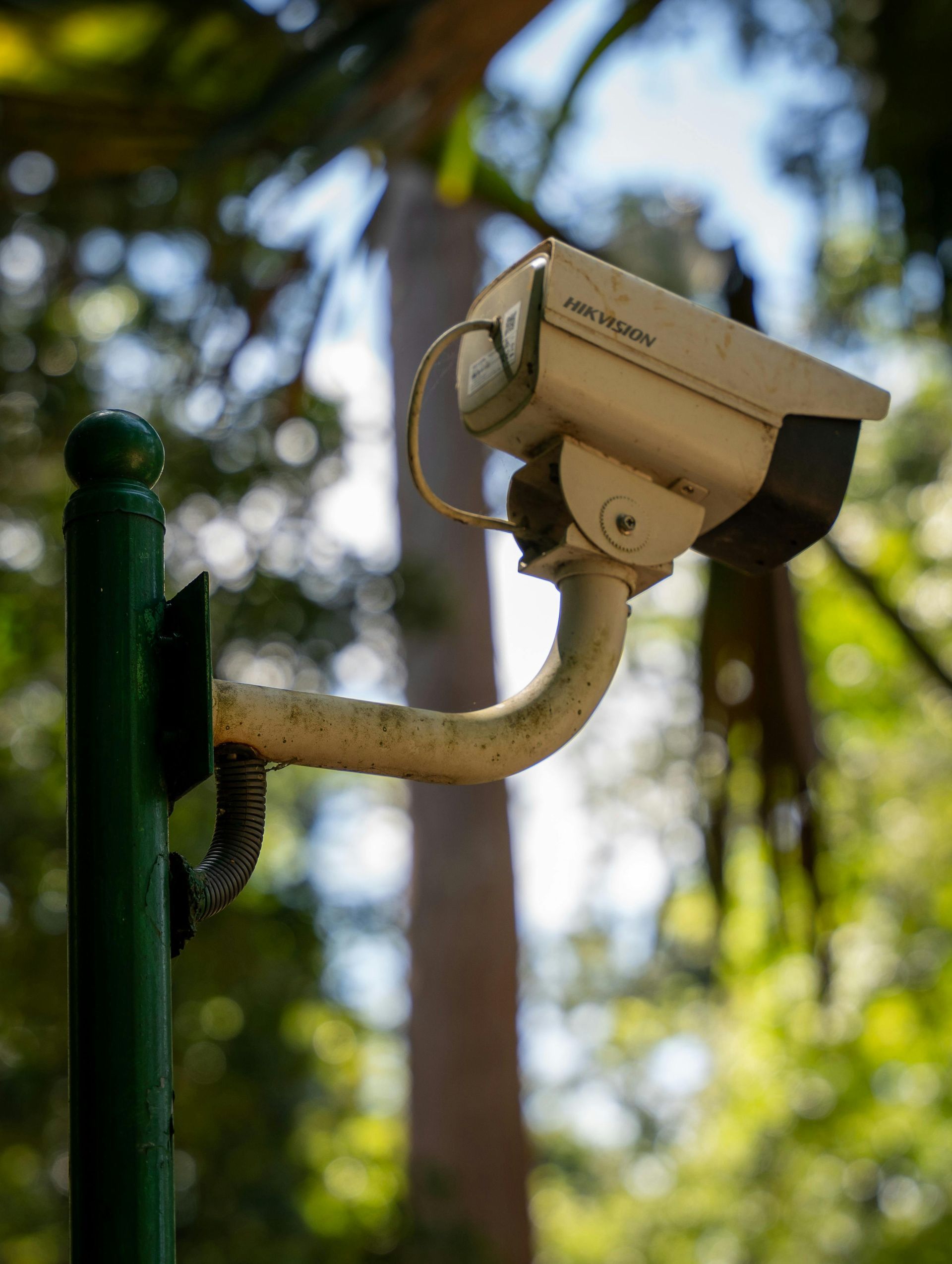 Security camera mounted on green pole in a park, blurred background of trees.
