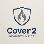 Logo for Cover 2 Security & Fire: Shield with flame icon in it, navy & gray on beige background.