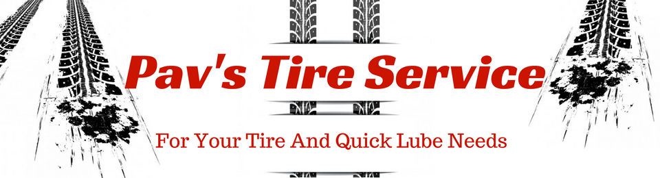 Pav's Tire Service logo with red text and tire tracks. Includes