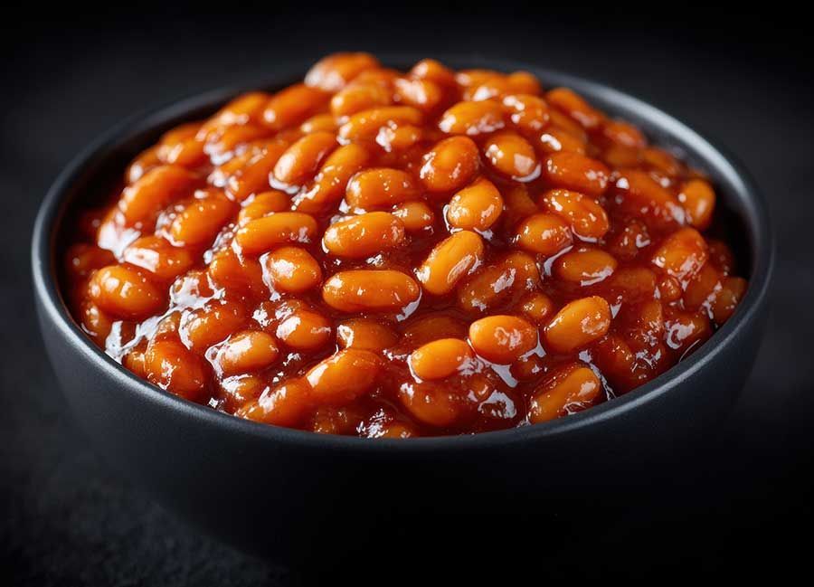 Bowl of classic barbecue baked beans at Kansas City smokehouse BBQ restaurant