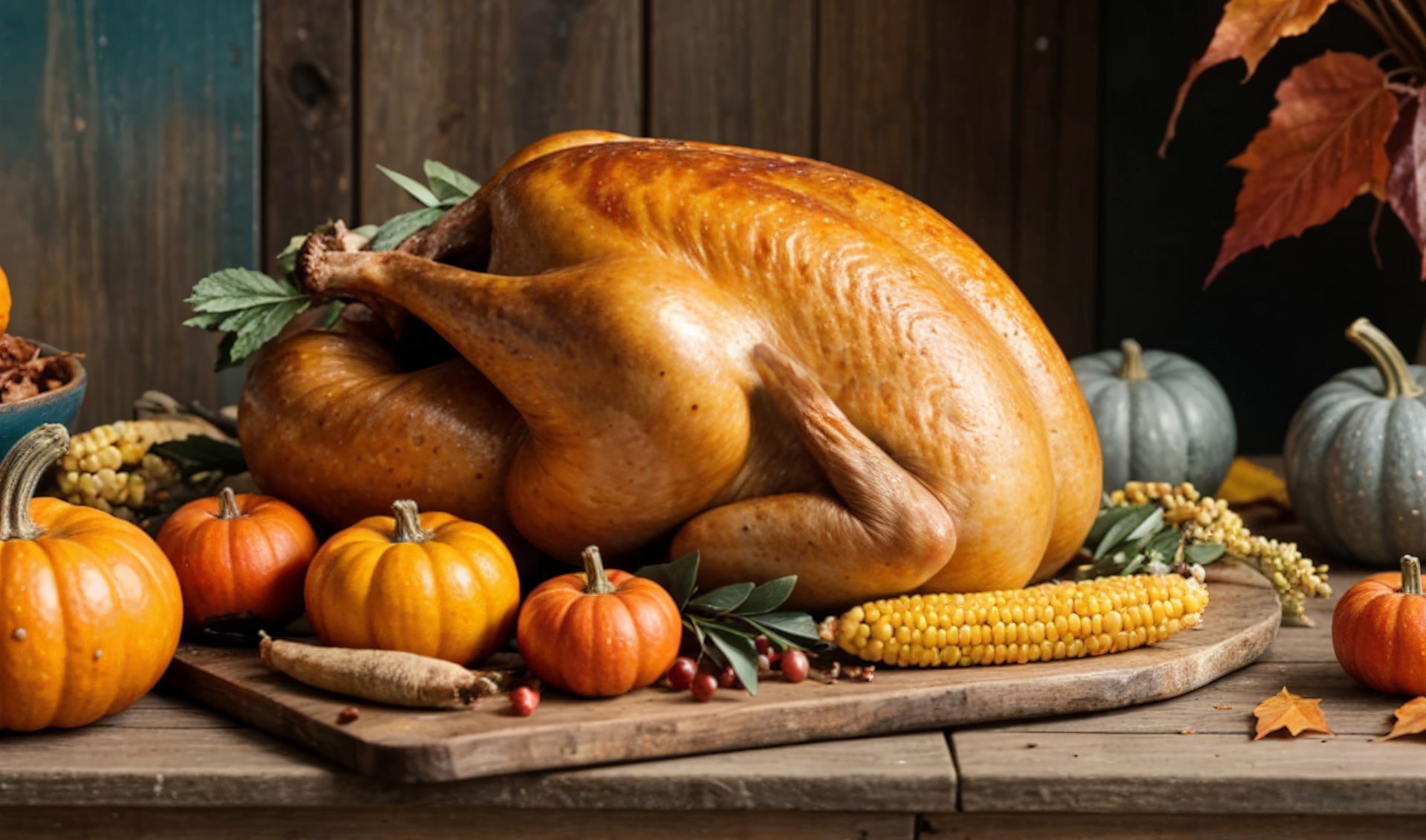 A roasted turkey is sitting on a wooden cutting board surrounded by pumpkins and corn.