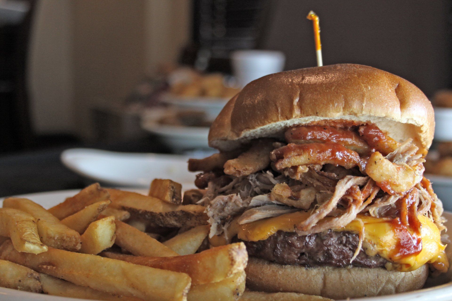 A close up of a hamburger and french fries on a plate.