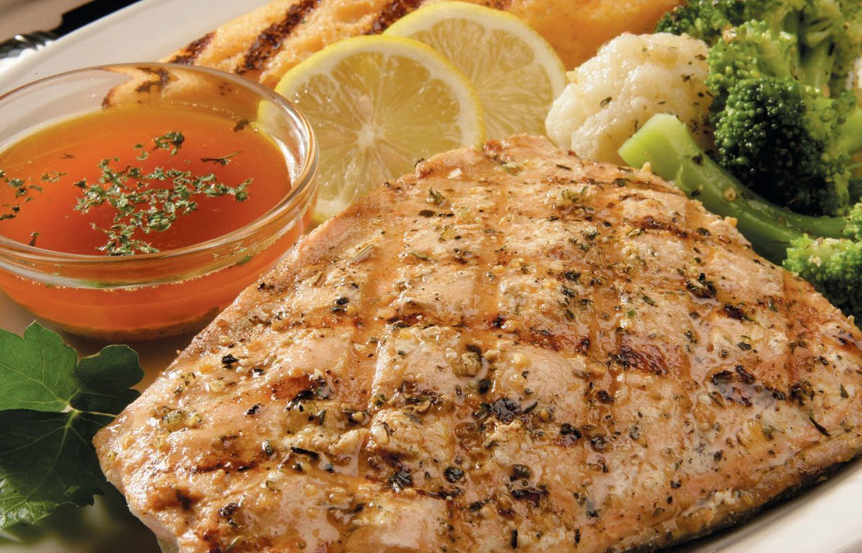 Smokehouse bbq Restaurant grilled smoked salmon and broccoli
