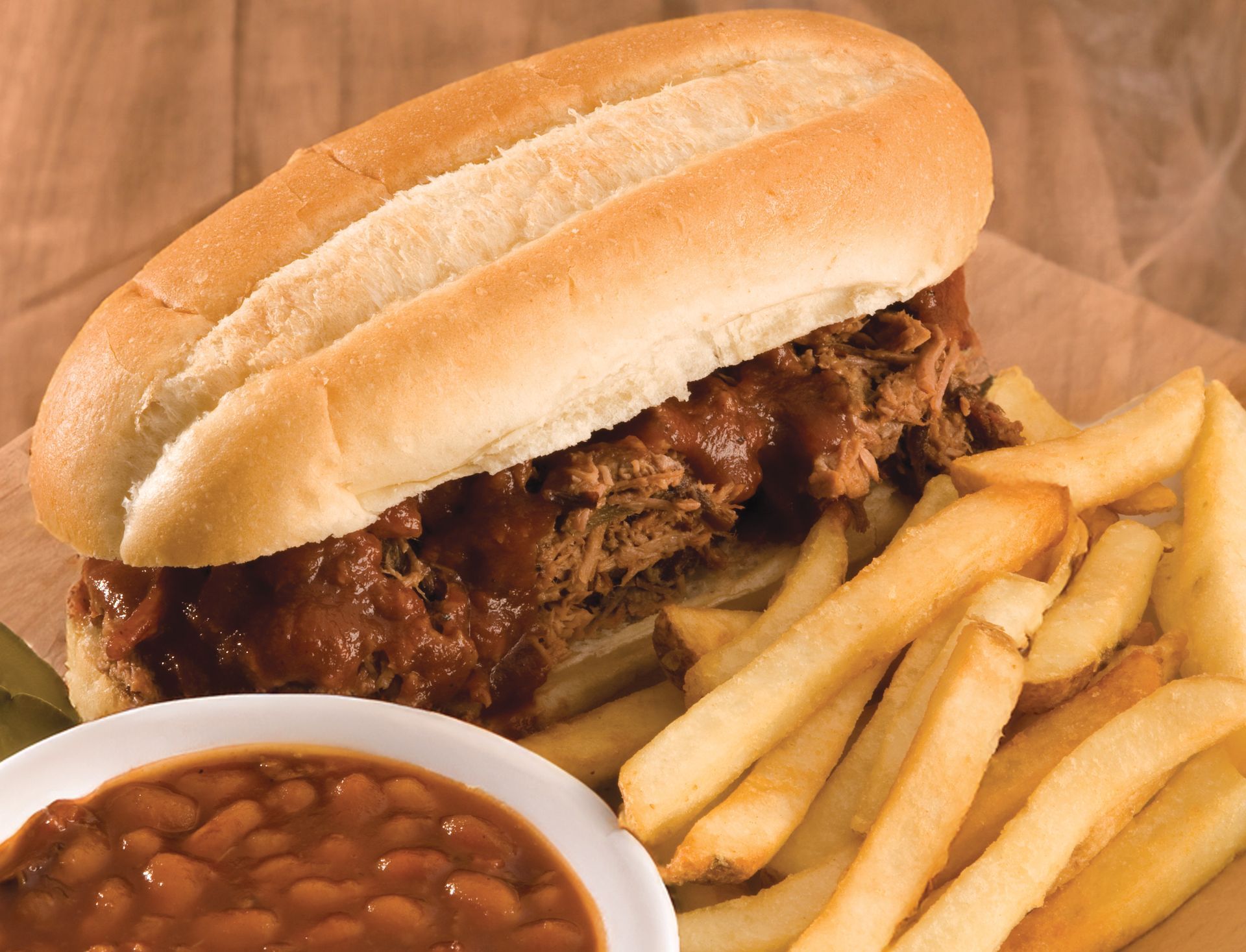 Pork sandwich with french fries and baked beans near me