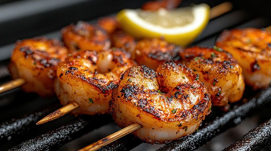 Smoked skewered shrimp grilled over hickory logs at Smokehouse bbq