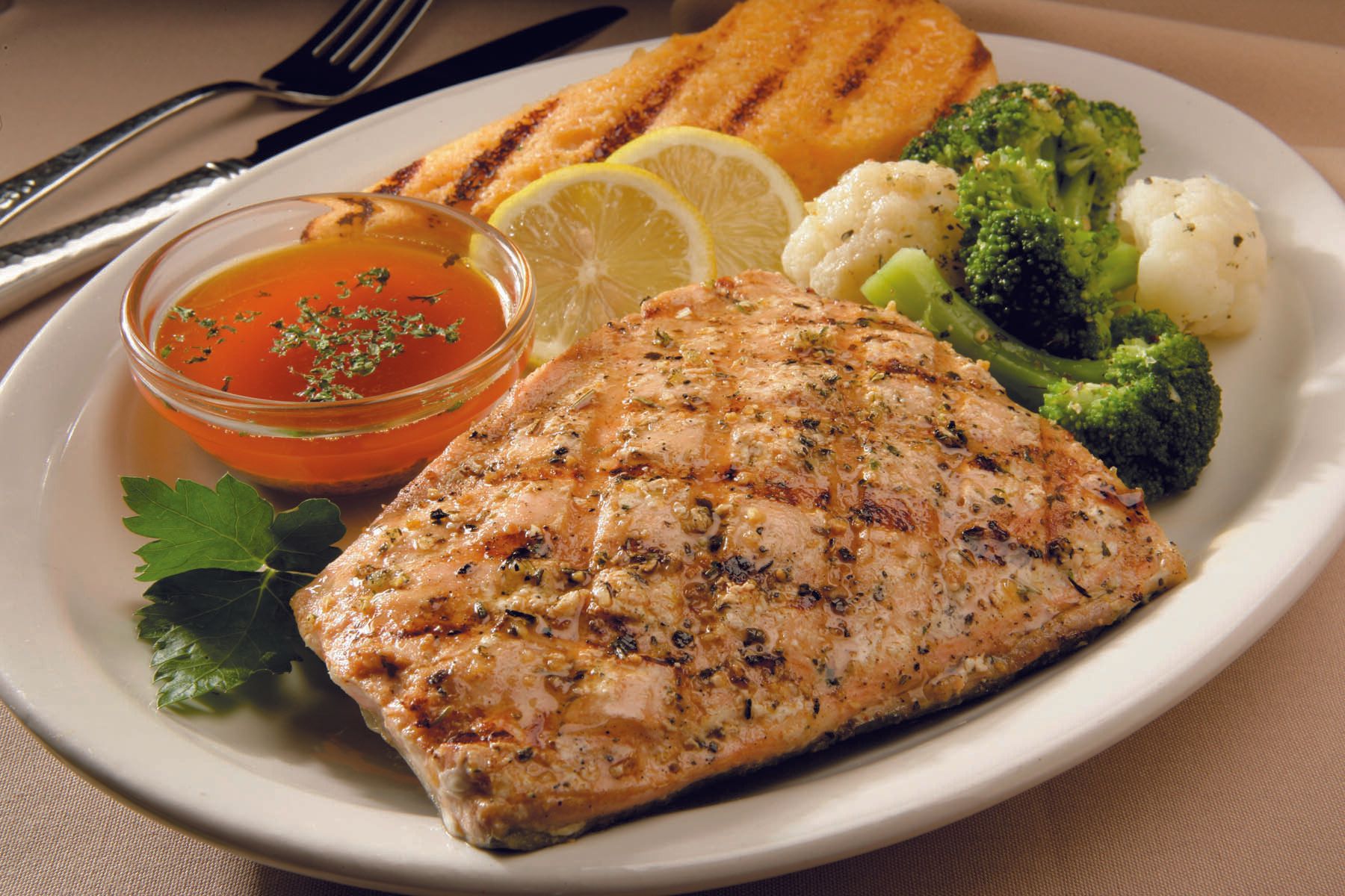 Hickory Smoked grilled salmon and vegetables. Smokehouse BBQ