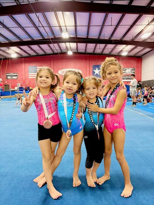 A group of young girls are posing for a picture in a gym.