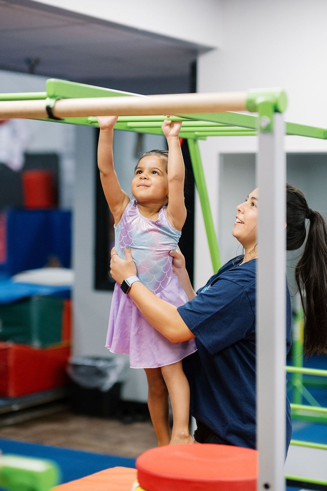 A woman is helping a little girl climb a monkey bars.