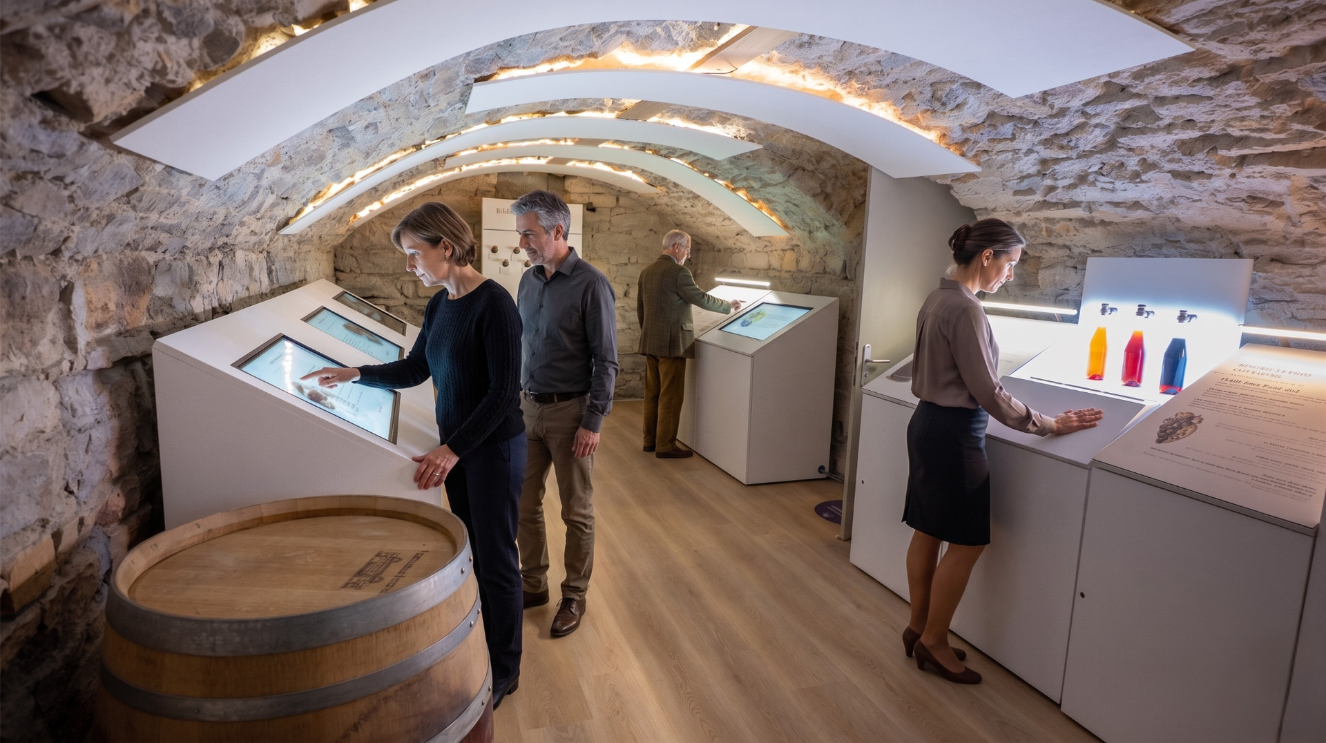 Visiteurs découvrant les ateliers sensoriels et interactifs dans les caves voûtées du Petit Musée du Vin à Lyon.