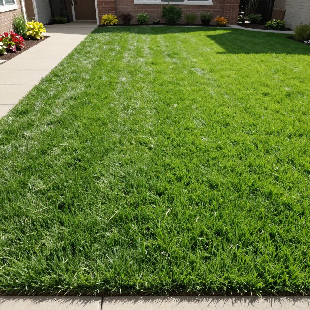 A lush, green front lawn bordering a concrete walkway and brick house foundation under bright daylight.
