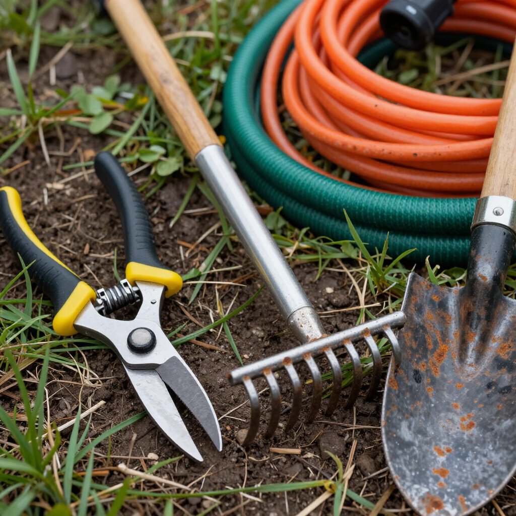Gardening tools, including pruning shears, a small rake, a shovel, and a coiled garden hose, arranged on the soil. Gardening tools, including pruning shears, a small rake, a shovel, and a coiled garden hose, arranged on the soil.