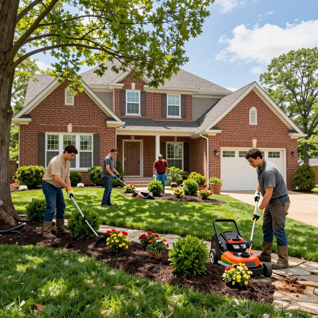 Three workers perform landscaping and lawn care tasks in the front yard of a two-story brick home.