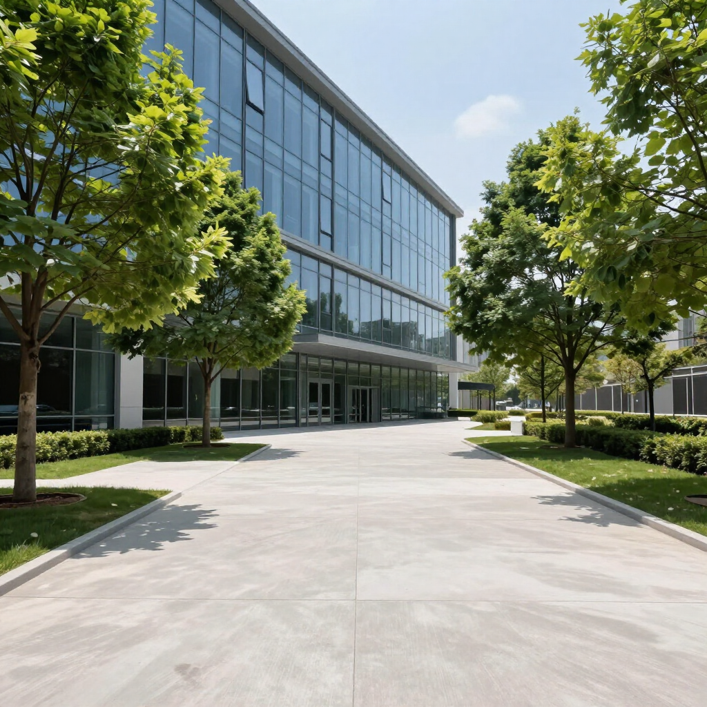 A modern glass-paneled office building with a paved walkway, green grass, and trees on a sunny day. A modern glass-paneled office building with a paved walkway, green grass, and trees on a sunny day.