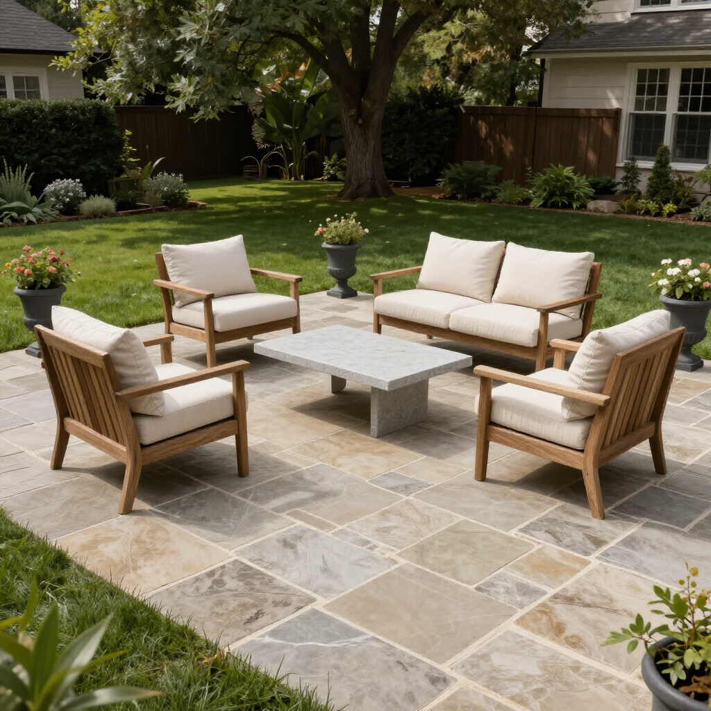 A stone patio with a wood-framed sofa set, two chairs, and a concrete coffee table surrounded by greenery and a house.