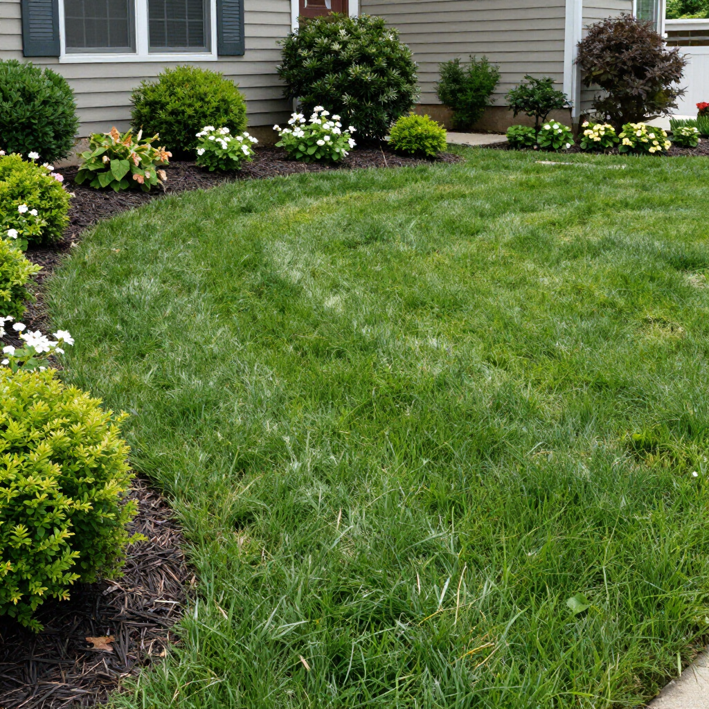 A well-maintained lawn bordered by dark mulch and various green shrubs, including some with small white flowers.