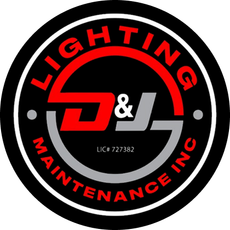 Logo for Lighting & Maintenance Inc. with red and gray lettering, a black circle, and the text "LIC# 727382."
