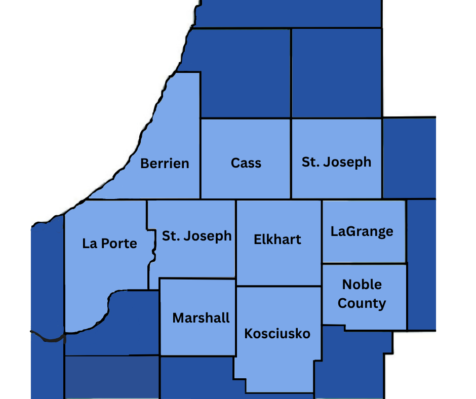 A map showing counties in Indiana and Michigan, with specific counties highlighted in light blue against a dark blue border.