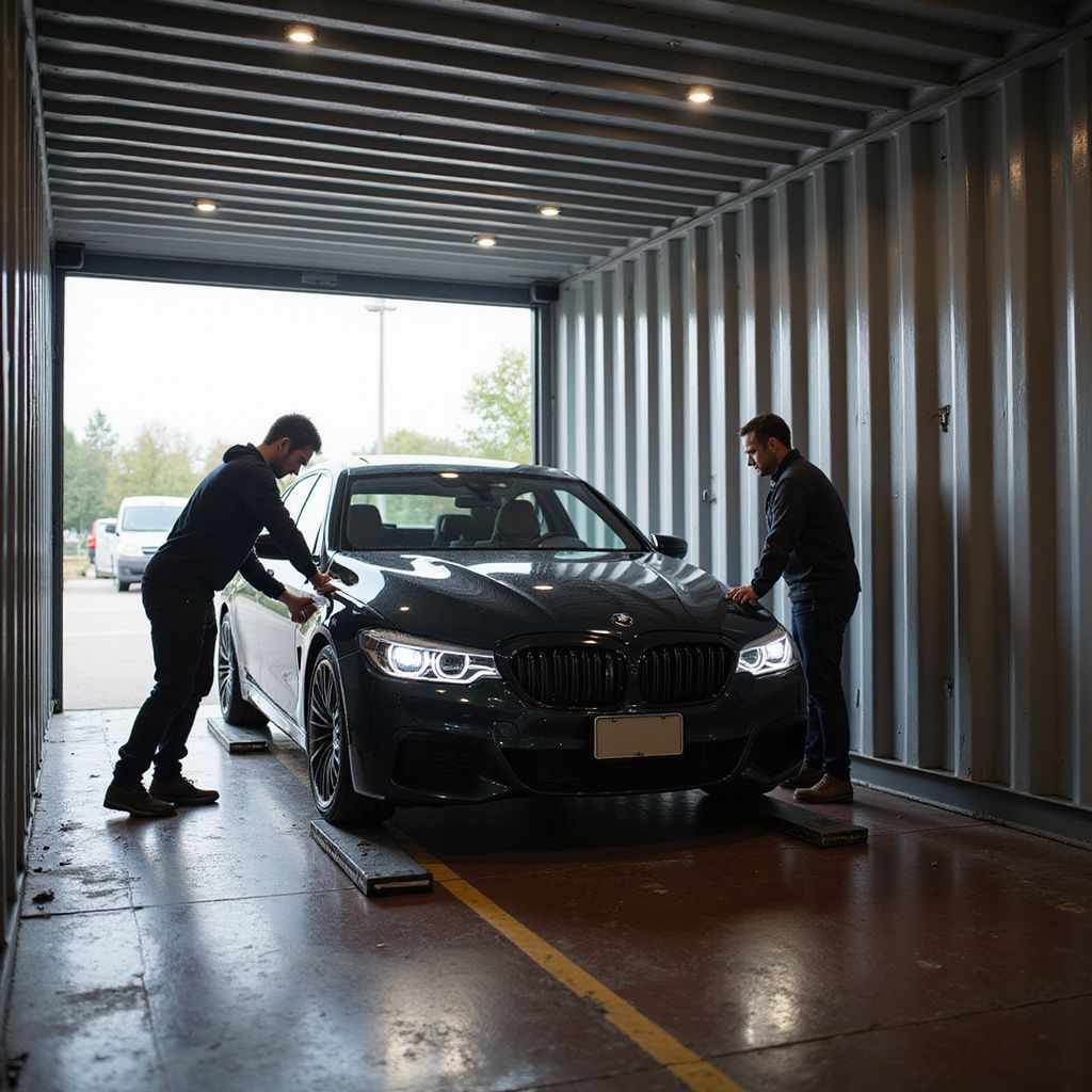Two people loading a black car onto a transport container. They're on the ramps inside, a vehicle is visible outside.