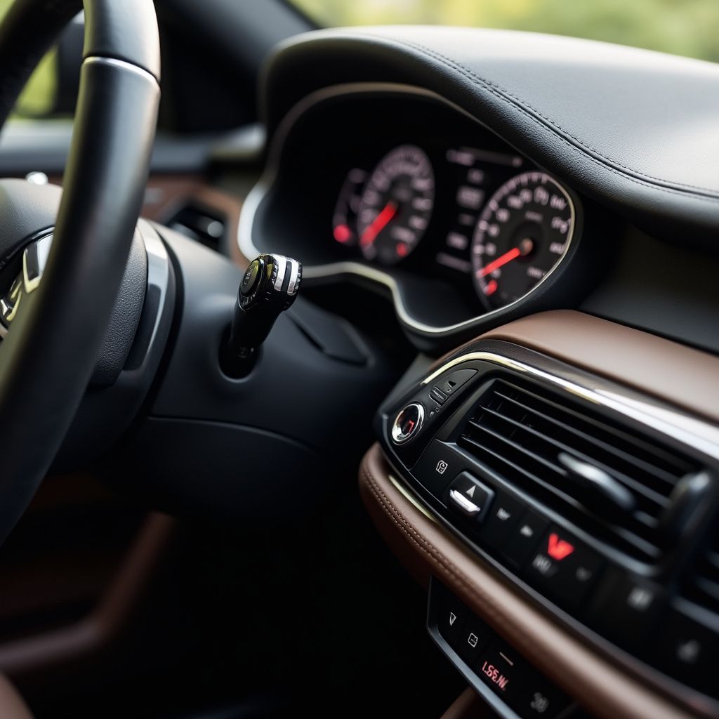 Interior of a car: black steering wheel, dashboard with brown leather and gauges.