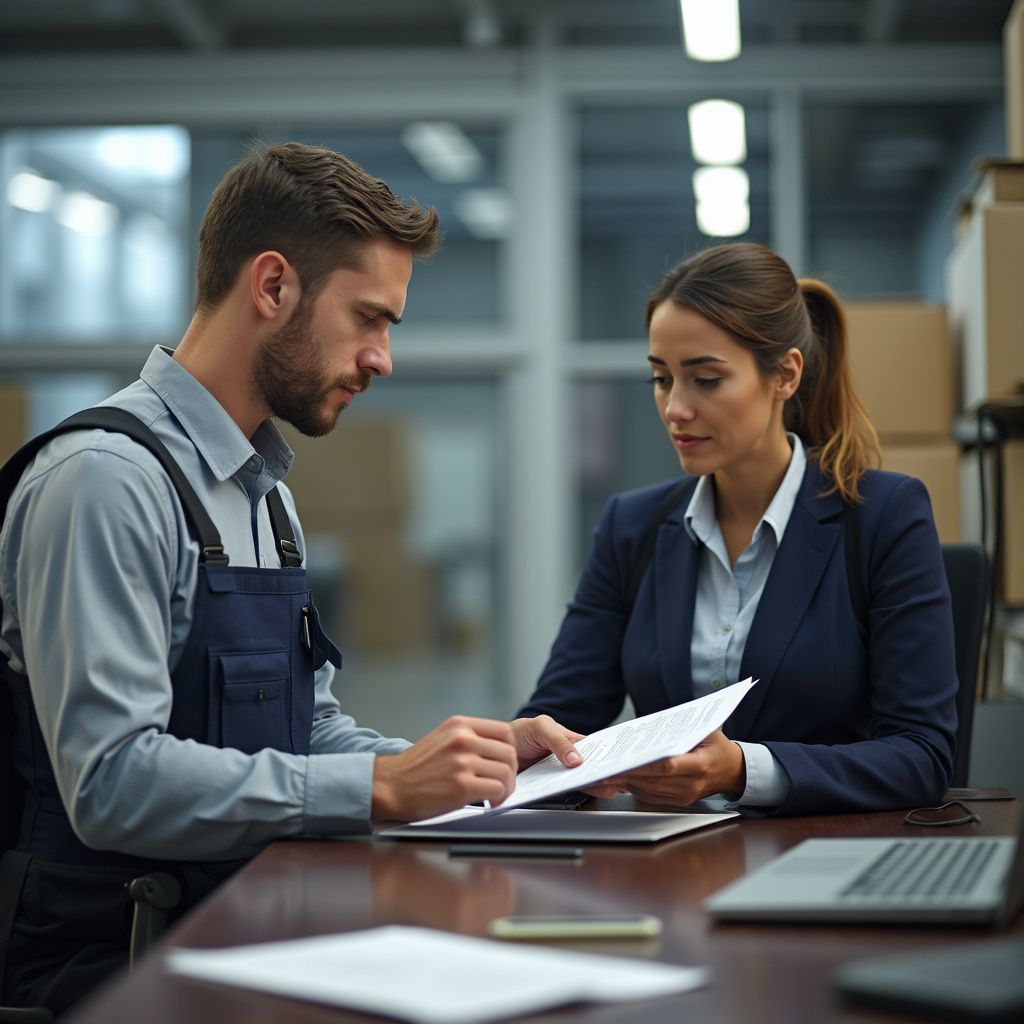 Man in work clothes and woman in a blazer reviewing a document together at a desk.