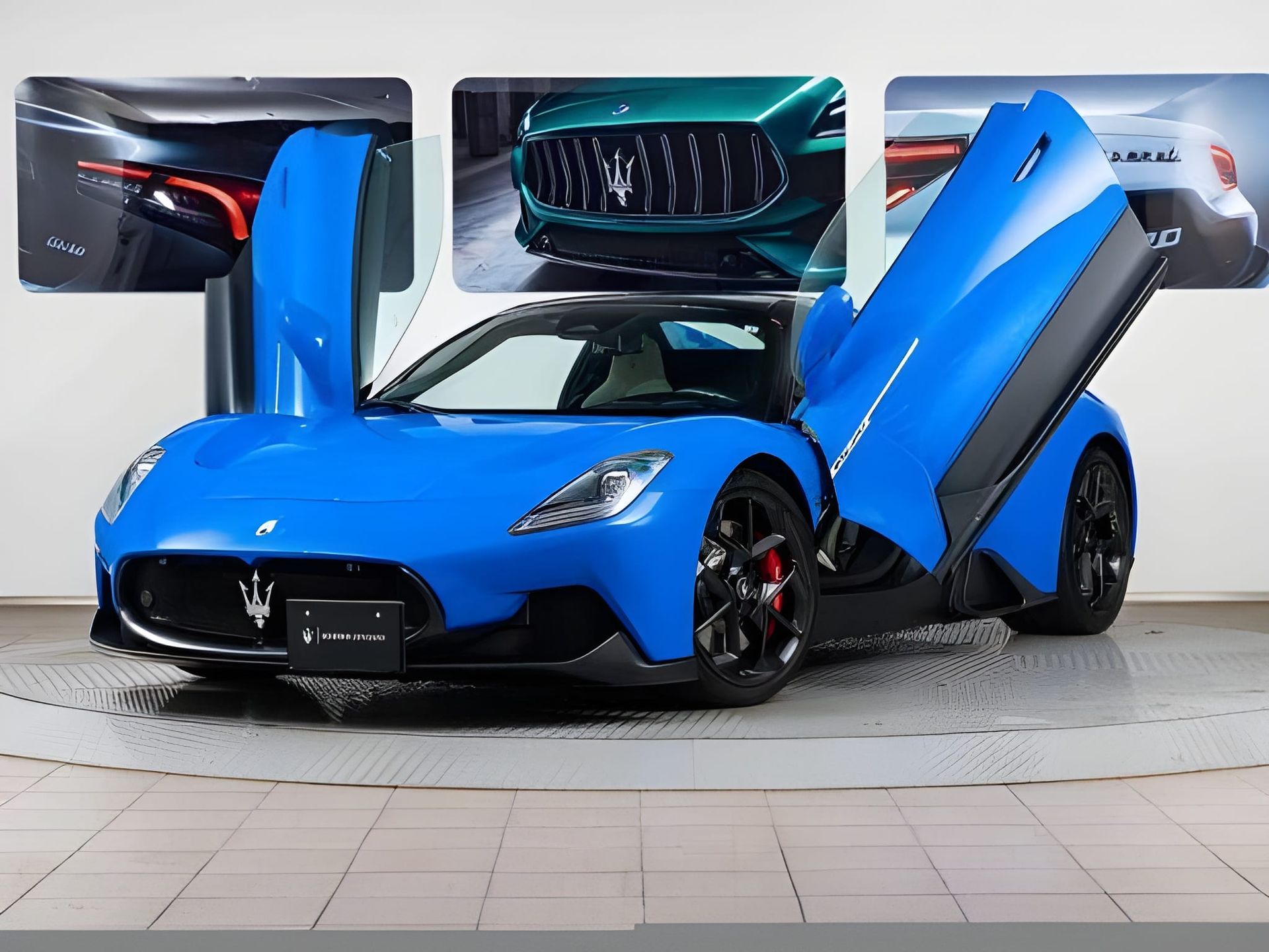 Blue Maserati MC20 convertible, front view, white interior, black accents.