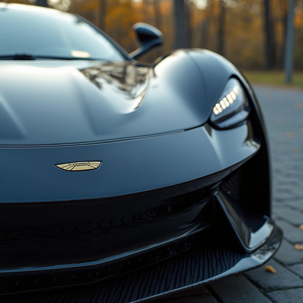 Black sports car, close-up of front end, parked on paved surface with trees in the background.