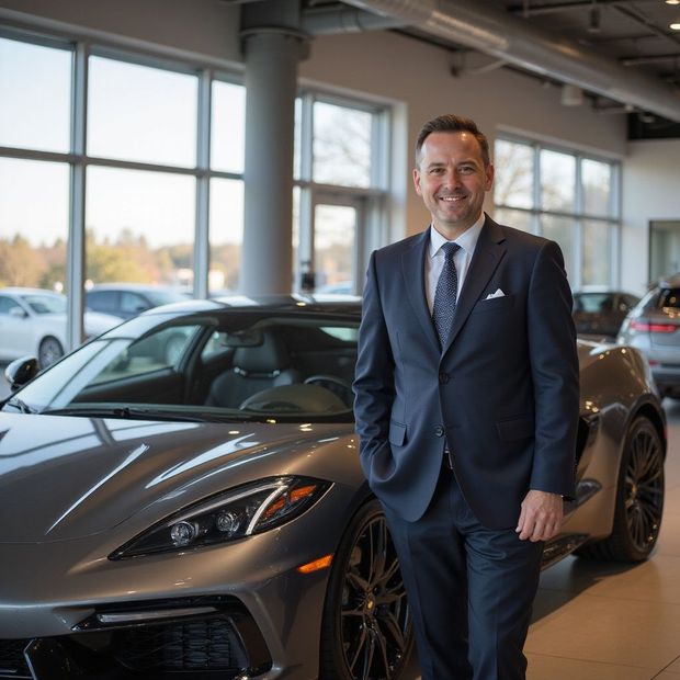 Man in a suit smiles near a gray sports car inside a car dealership.