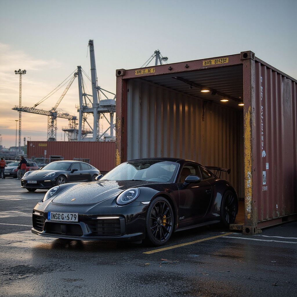 Black Porsche sports car exiting a shipping container at a port. Another car is parked nearby.