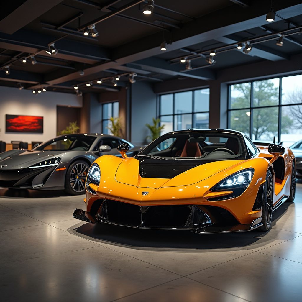 Orange McLaren sports car in a showroom, with a gray car in the background and natural light.
