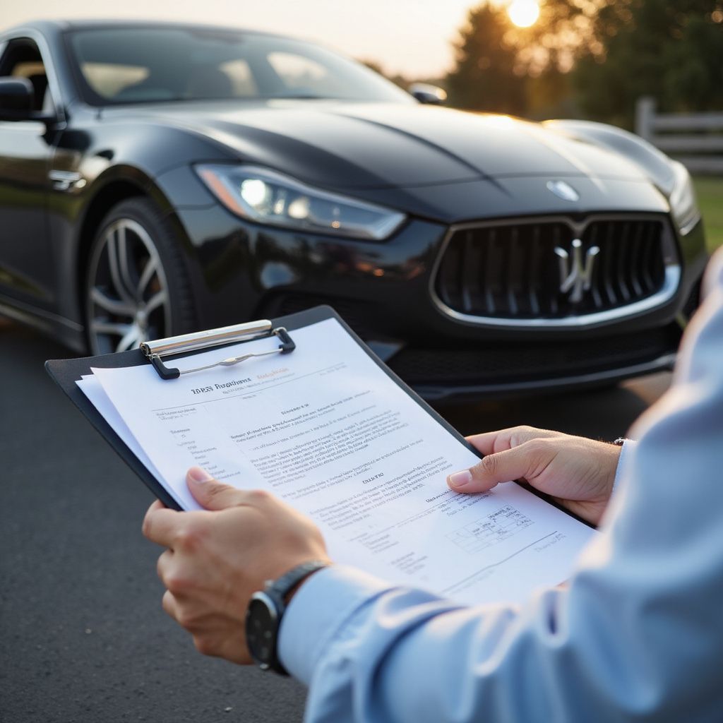 Person holding paperwork in front of a black car, possibly for inspection or sale. Sunset in background.