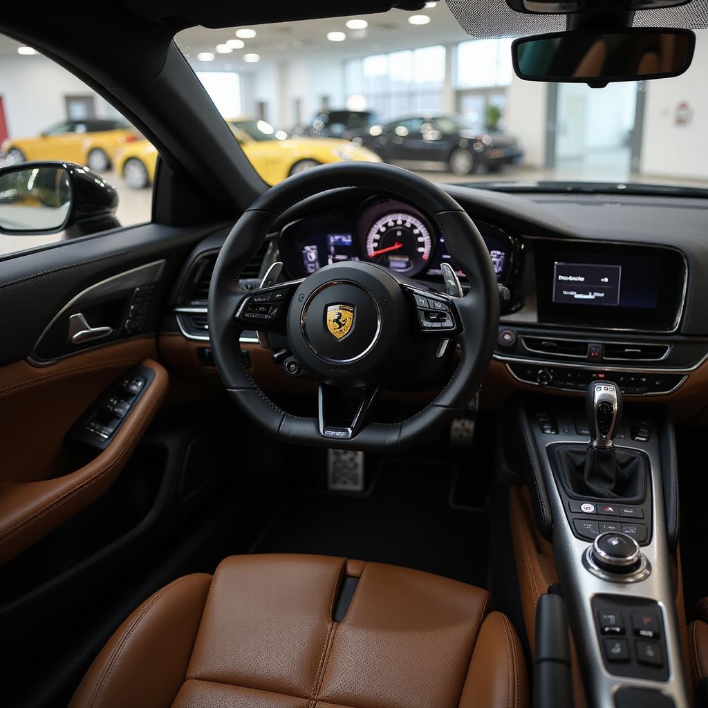 Interior of a brown leather-seated car with a black steering wheel and dashboard, dealership setting.