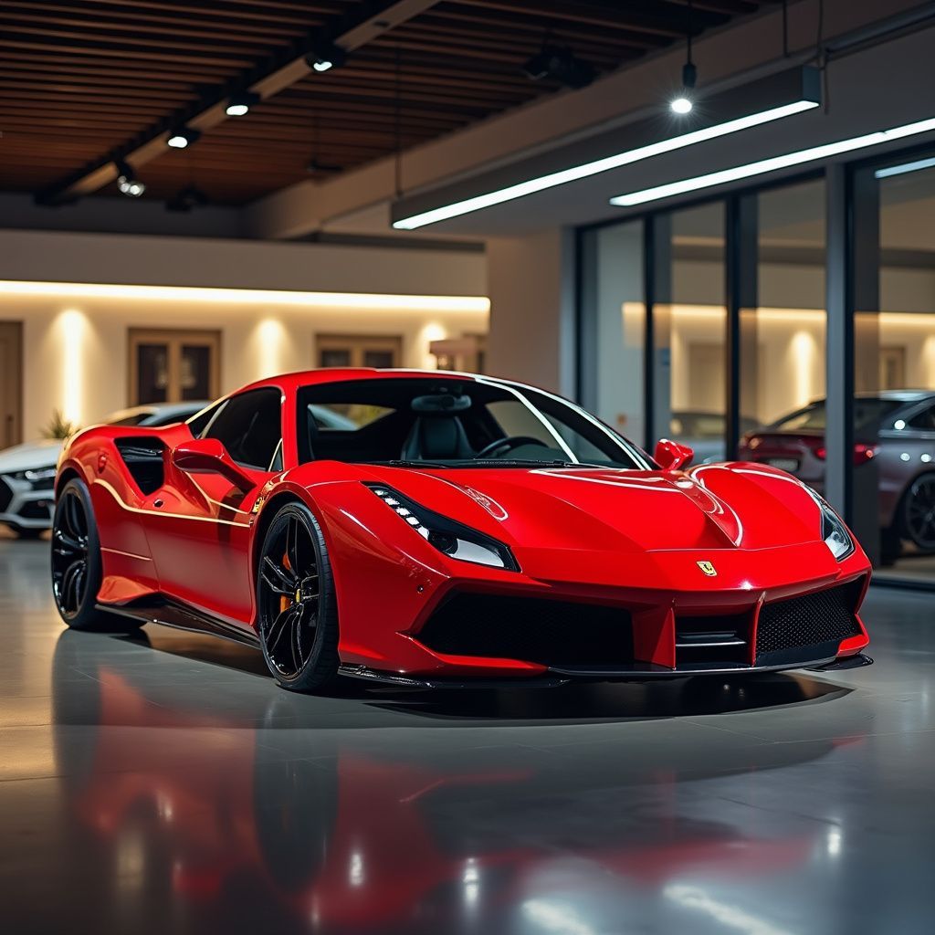 Red Ferrari sports car in a showroom with glass walls and reflective floors.