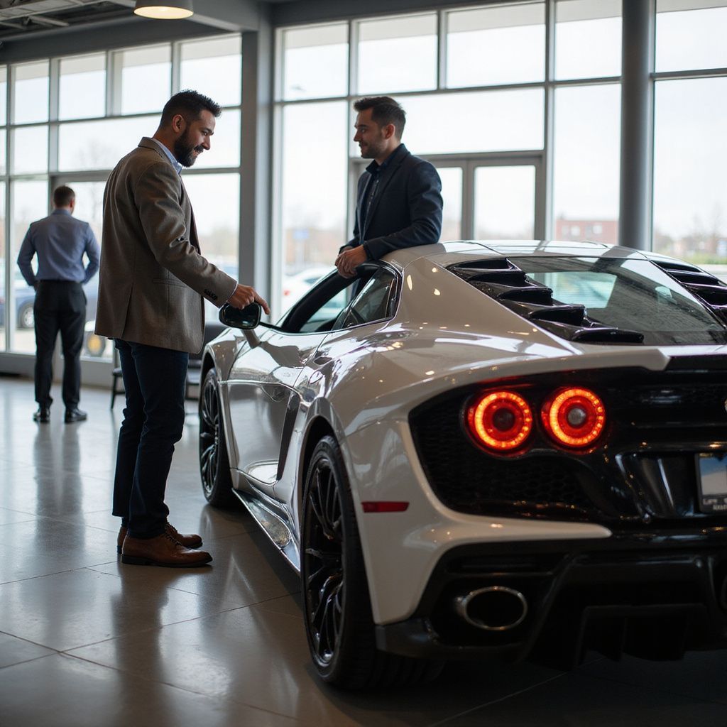 Two men in a car showroom looking at a white sports car; another man walks nearby.