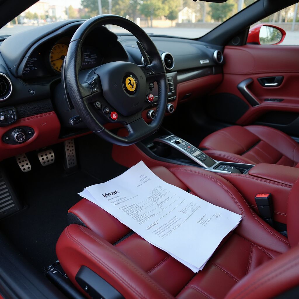 Red Ferrari interior with a document resting on the red leather seat.