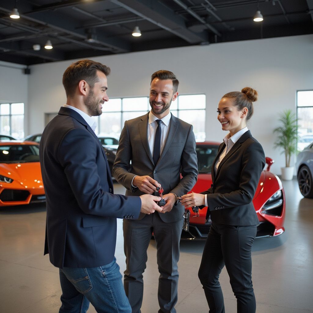 Man receives keys from two salespeople in a car dealership.