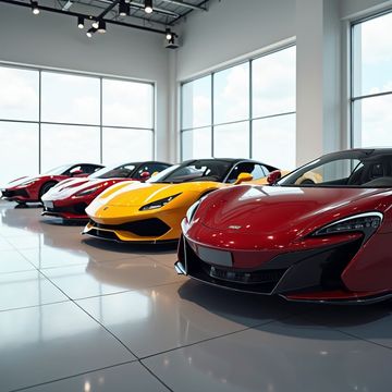 Row of colorful sports cars in a showroom, including red, yellow, and black models, with large windows and bright lighting.